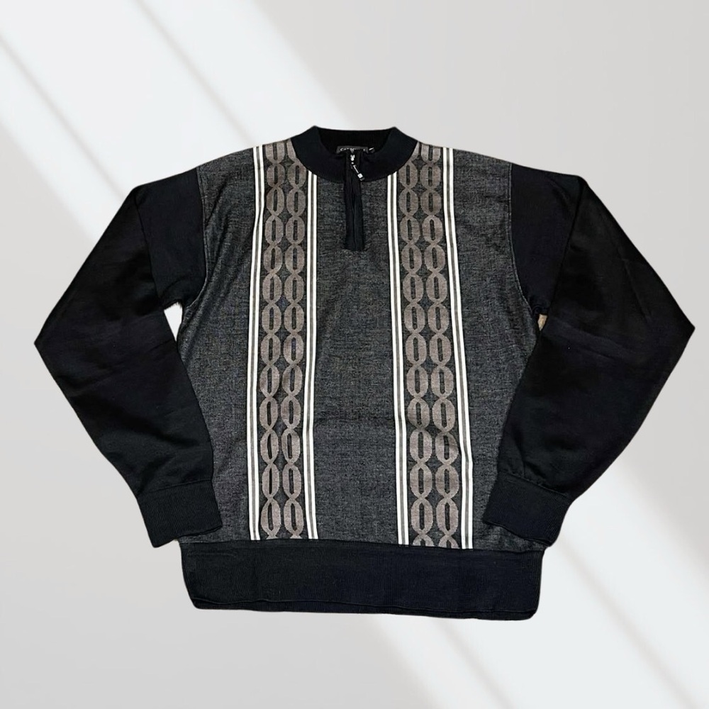Elegant Black and Gray Crewneck Sweater with Geometric Patterns